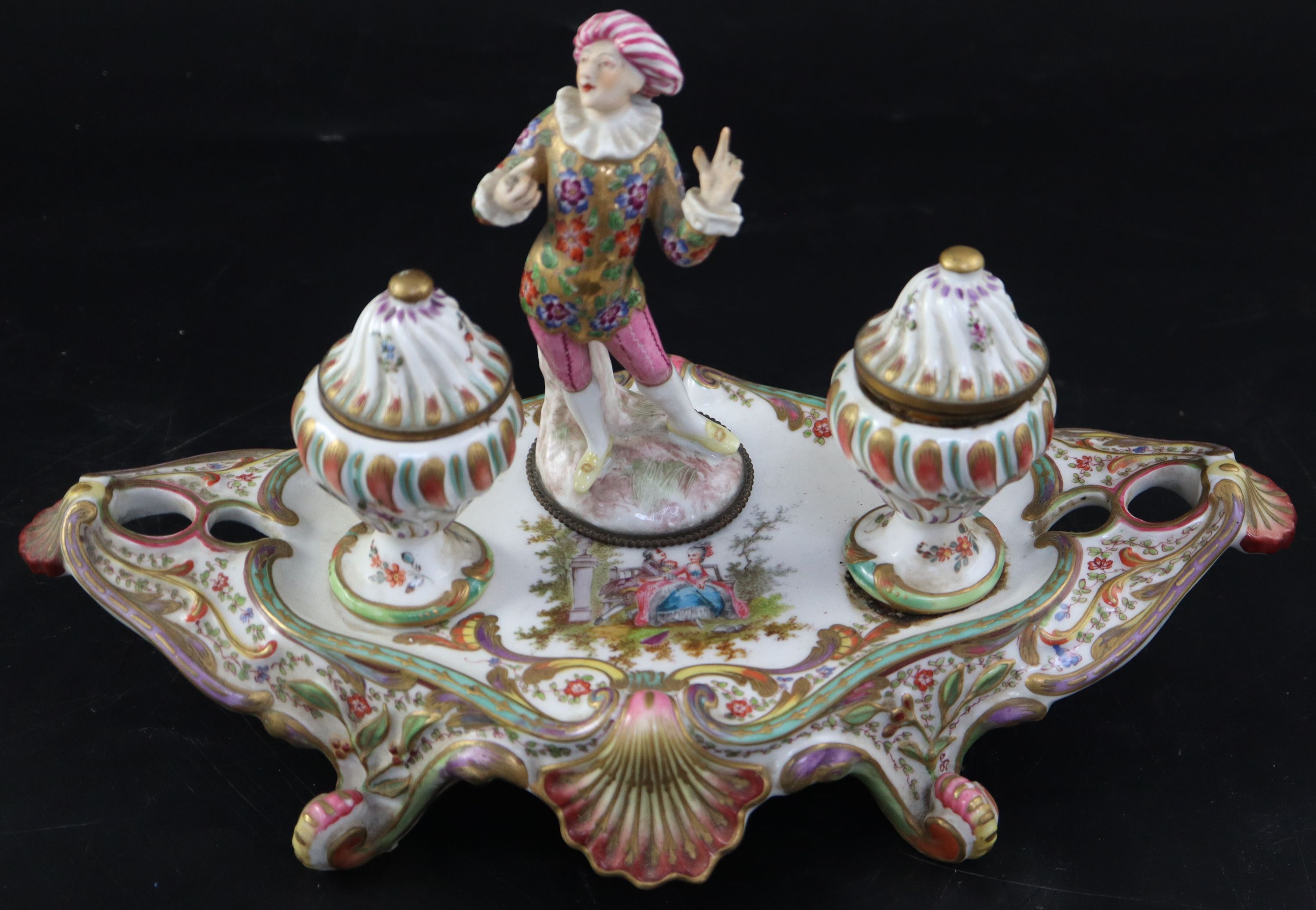A late 19th / early 20th century Vienna porcelain inkstand, width 33cm height 18cm
